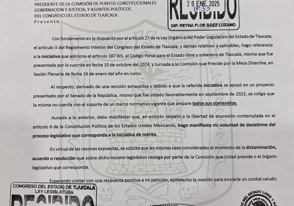 Presenta Lorena Ruiz, oficio de desistimiento de iniciativa Presenta Lorena Ruiz, oficio de desistimiento de iniciativa